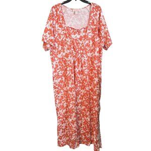 Stan Herman Womens Dress XL Floral Coral Orange & White Cotton Maxi Dress